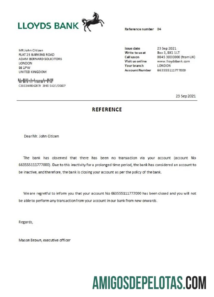 Referência de encerramento do Lloyds Bank do Reino Unido amostra